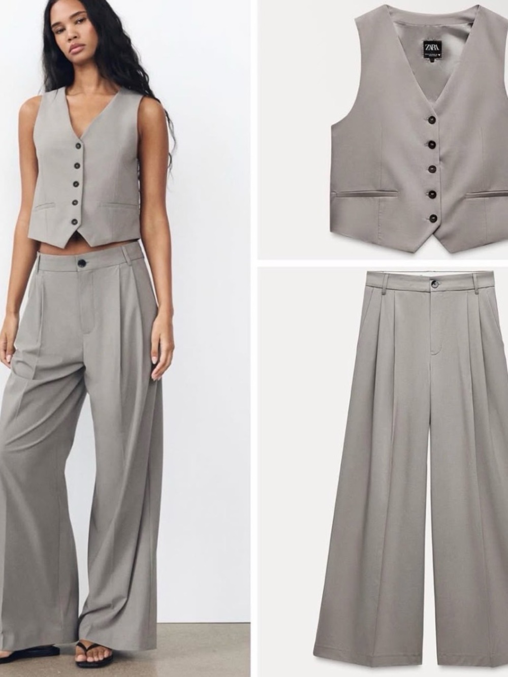 ZARA Taupe Gray  Wide-Leg Pleated Dress Pants with Matching Vest Trouser Set